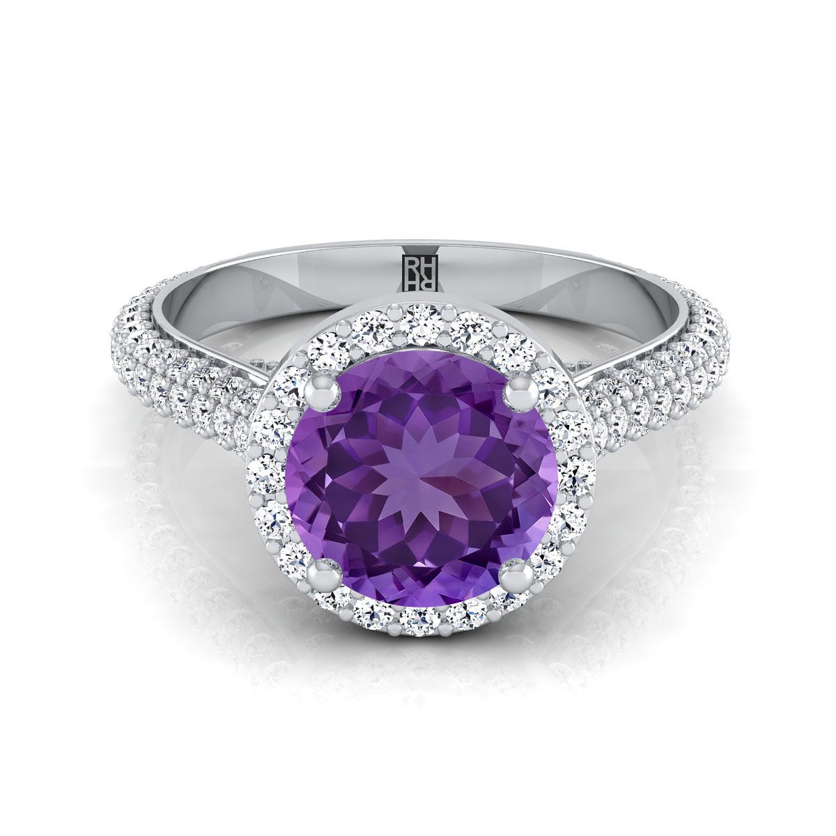 14K White Gold Round Brilliant Amethyst Micro-Pavé Halo With Pave Side Diamond Engagement Ring -7/8ctw