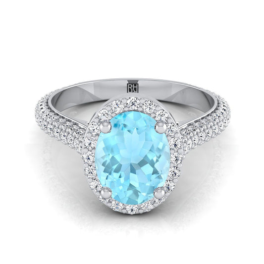 14K White Gold Oval Aquamarine Micro-Pavé Halo With Pave Side Diamond Engagement Ring -7/8ctw