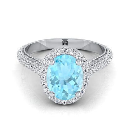 18K White Gold Oval Aquamarine Micro-Pavé Halo With Pave Side Diamond Engagement Ring -7/8ctw