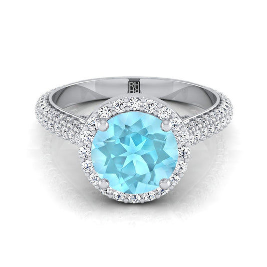 18K White Gold Round Brilliant Aquamarine Micro-Pavé Halo With Pave Side Diamond Engagement Ring -7/8ctw