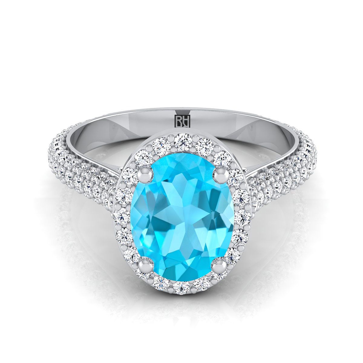 Platinum Oval Swiss Blue Topaz Micro-Pavé Halo With Pave Side Diamond Engagement Ring -7/8ctw