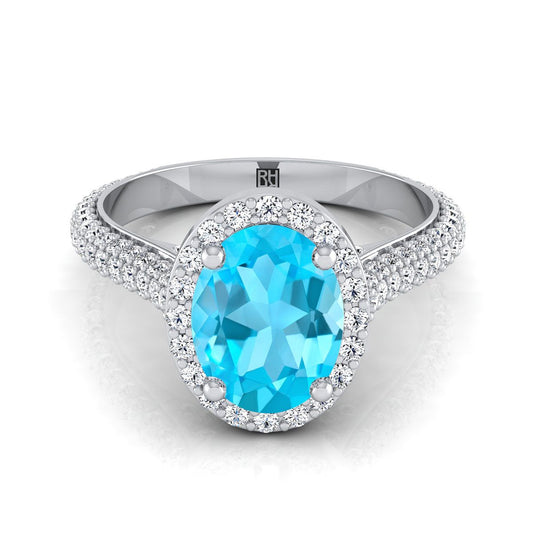 18K White Gold Oval Swiss Blue Topaz Micro-Pavé Halo With Pave Side Diamond Engagement Ring -7/8ctw