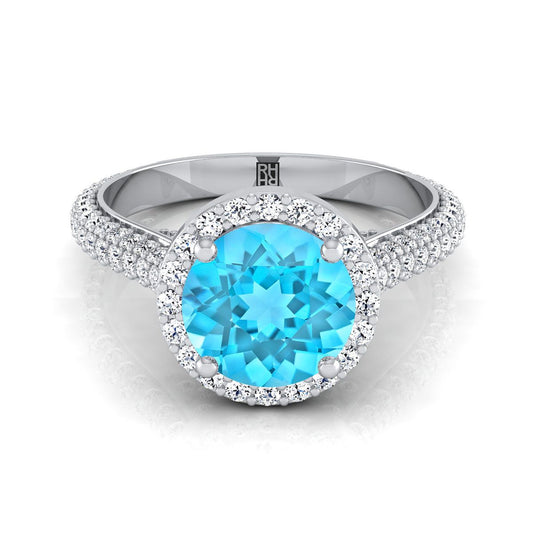 14K White Gold Round Brilliant Swiss Blue Topaz Micro-Pavé Halo With Pave Side Diamond Engagement Ring -7/8ctw