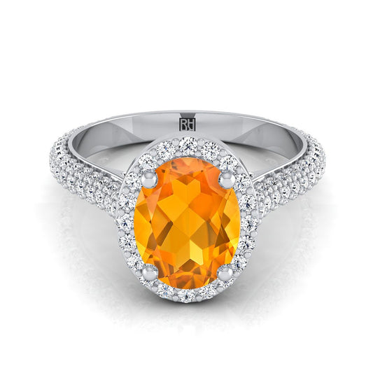 Platinum Oval Citrine Micro-Pavé Halo With Pave Side Diamond Engagement Ring -7/8ctw