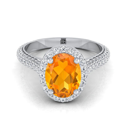 14K White Gold Oval Citrine Micro-Pavé Halo With Pave Side Diamond Engagement Ring -7/8ctw