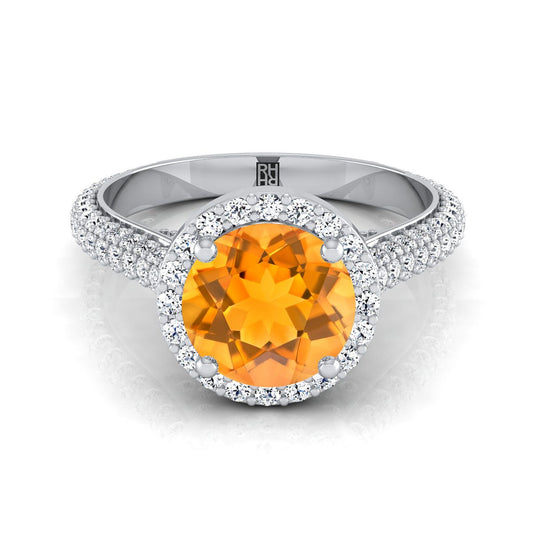 18K White Gold Round Brilliant Citrine Micro-Pavé Halo With Pave Side Diamond Engagement Ring -7/8ctw