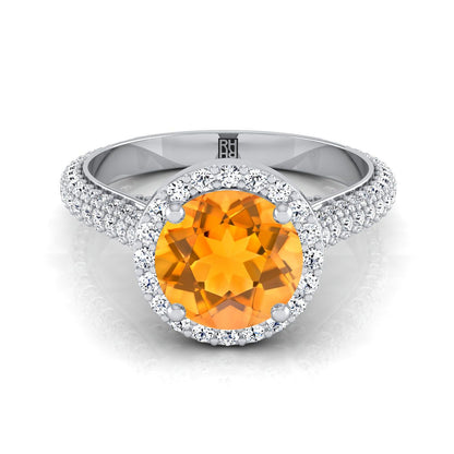 18K White Gold Round Brilliant Citrine Micro-Pavé Halo With Pave Side Diamond Engagement Ring -7/8ctw