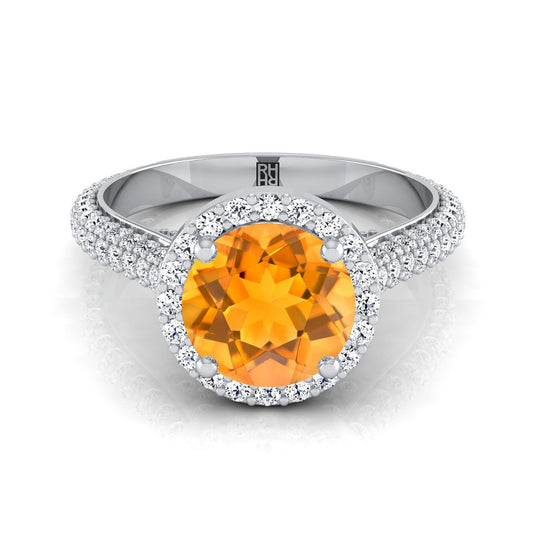 14K White Gold Round Brilliant Citrine Micro-Pavé Halo With Pave Side Diamond Engagement Ring -7/8ctw