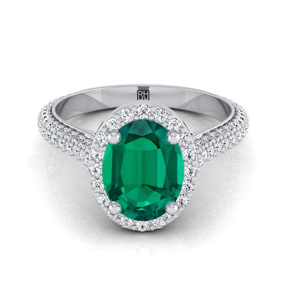 Platinum Oval Emerald Micro-Pavé Halo With Pave Side Diamond Engagement Ring -7/8ctw