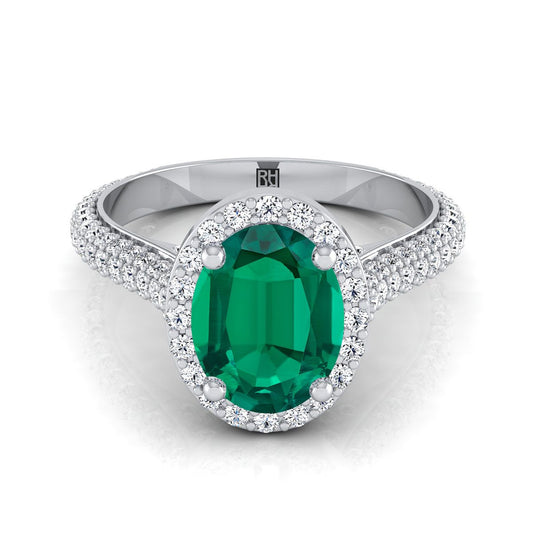 Platinum Oval Emerald Micro-Pavé Halo With Pave Side Diamond Engagement Ring -7/8ctw