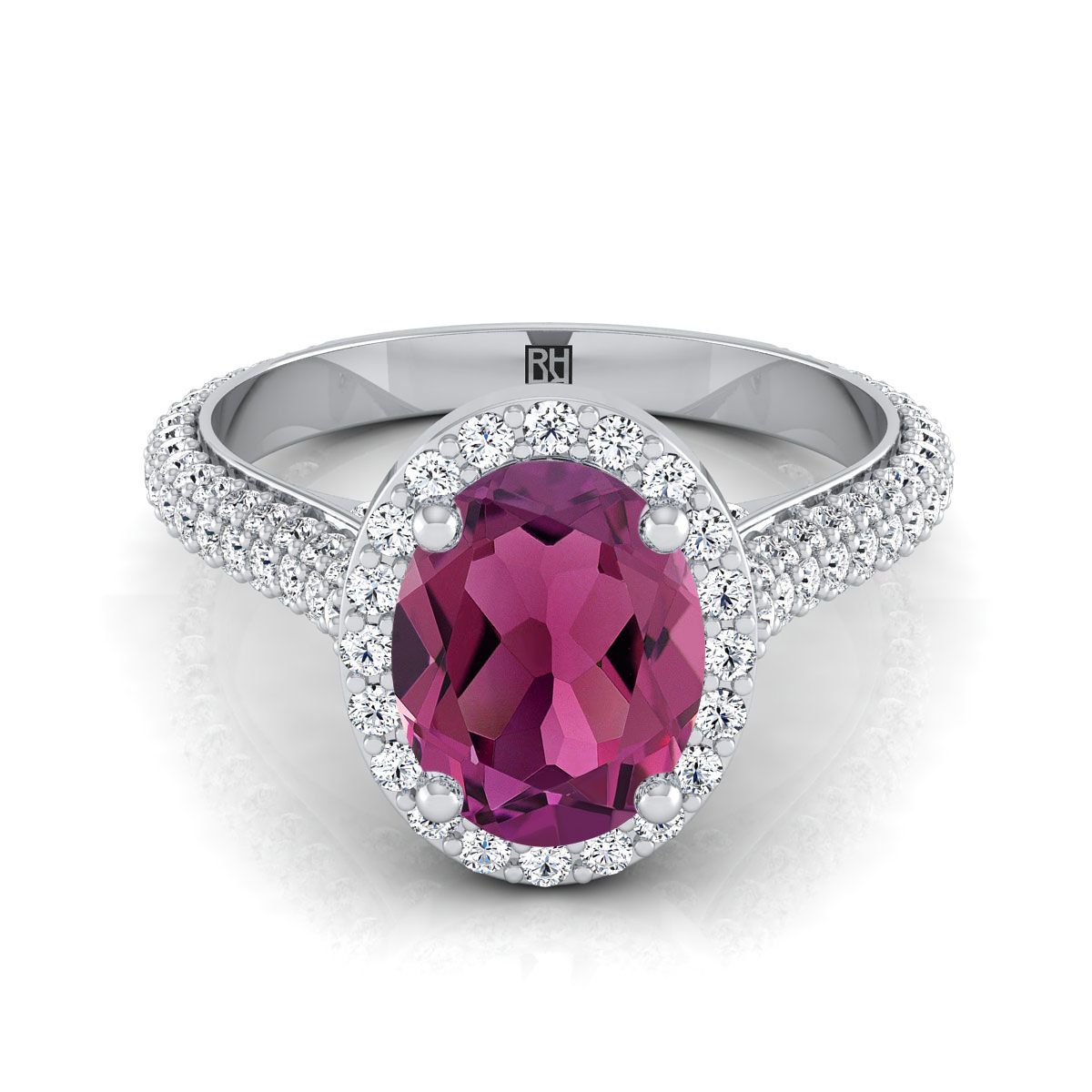 Platinum Oval Garnet Micro-Pavé Halo With Pave Side Diamond Engagement Ring -7/8ctw