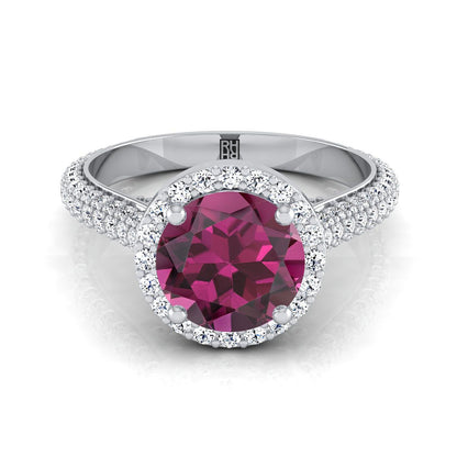 14K White Gold Round Brilliant Garnet Micro-Pavé Halo With Pave Side Diamond Engagement Ring -7/8ctw