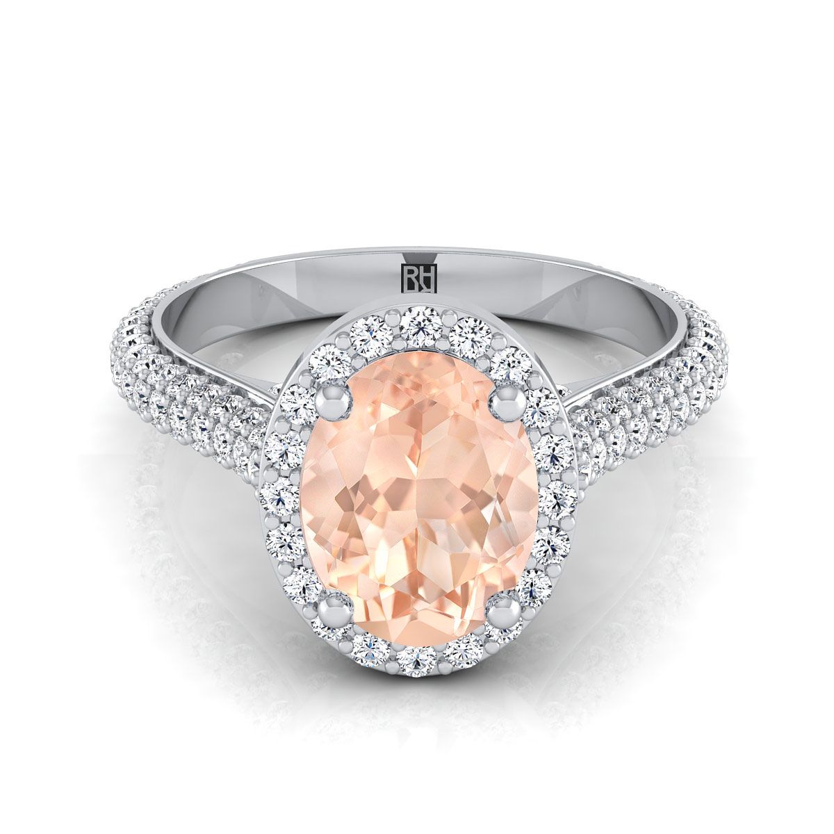 14K White Gold Oval Morganite Micro-Pavé Halo With Pave Side Diamond Engagement Ring -7/8ctw