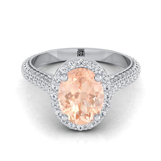 Platinum Oval Morganite Micro-Pavé Halo With Pave Side Diamond Engagement Ring -7/8ctw