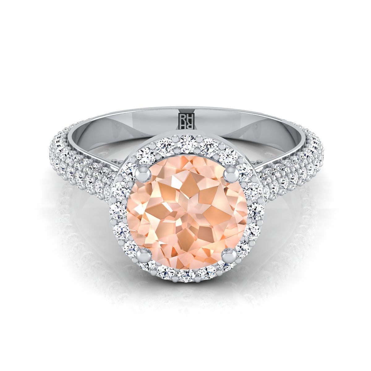 18K White Gold Round Brilliant Morganite Micro-Pavé Halo With Pave Side Diamond Engagement Ring -7/8ctw