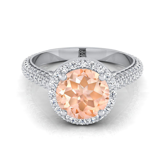 14K White Gold Round Brilliant Morganite Micro-Pavé Halo With Pave Side Diamond Engagement Ring -7/8ctw