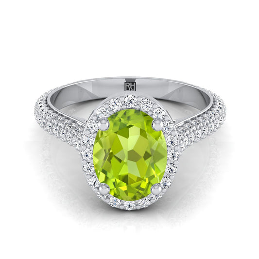 14K White Gold Oval Peridot Micro-Pavé Halo With Pave Side Diamond Engagement Ring -7/8ctw