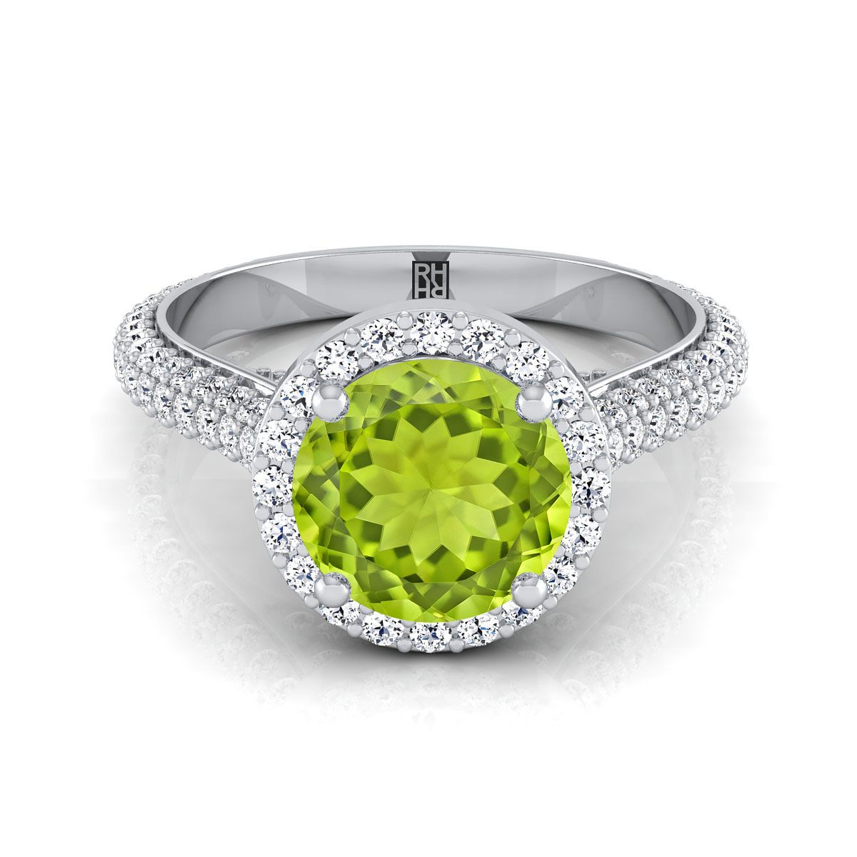 14K White Gold Round Brilliant Peridot Micro-Pavé Halo With Pave Side Diamond Engagement Ring -7/8ctw