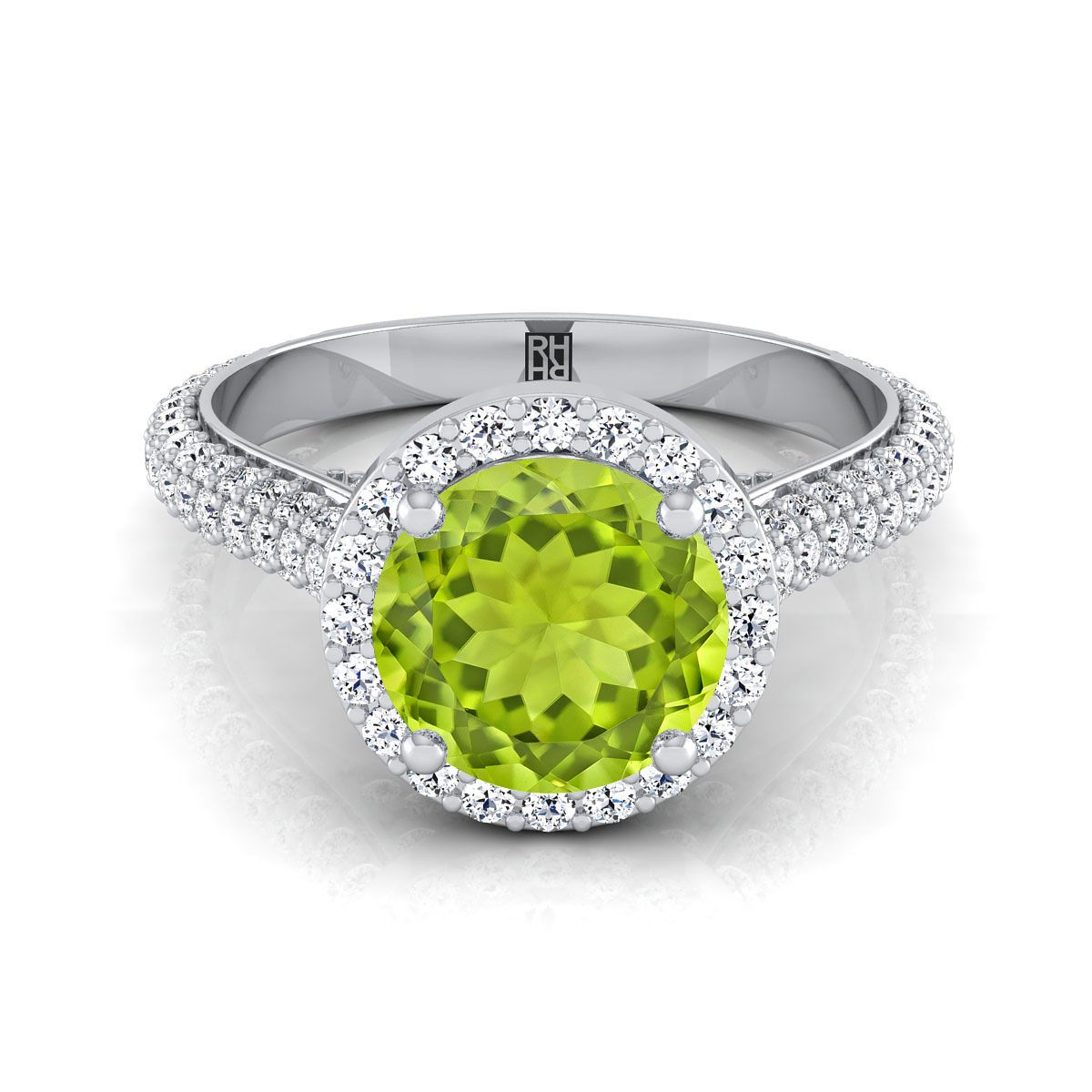 Platinum Round Brilliant Peridot Micro-Pavé Halo With Pave Side Diamond Engagement Ring -7/8ctw
