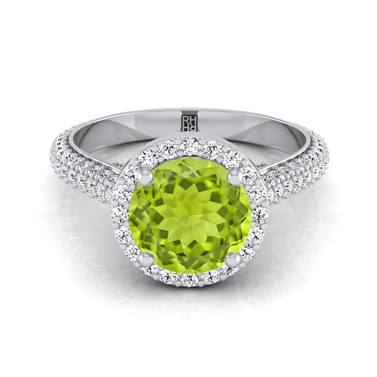 18K White Gold Round Brilliant Peridot Micro-Pavé Halo With Pave Side Diamond Engagement Ring -7/8ctw