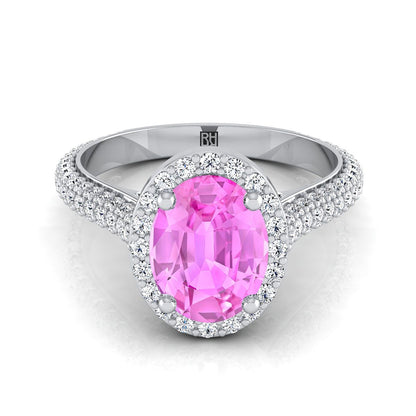 14K White Gold Oval Pink Sapphire Micro-Pavé Halo With Pave Side Diamond Engagement Ring -7/8ctw