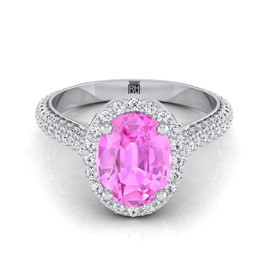 18K White Gold Oval Pink Sapphire Micro-Pavé Halo With Pave Side Diamond Engagement Ring -7/8ctw