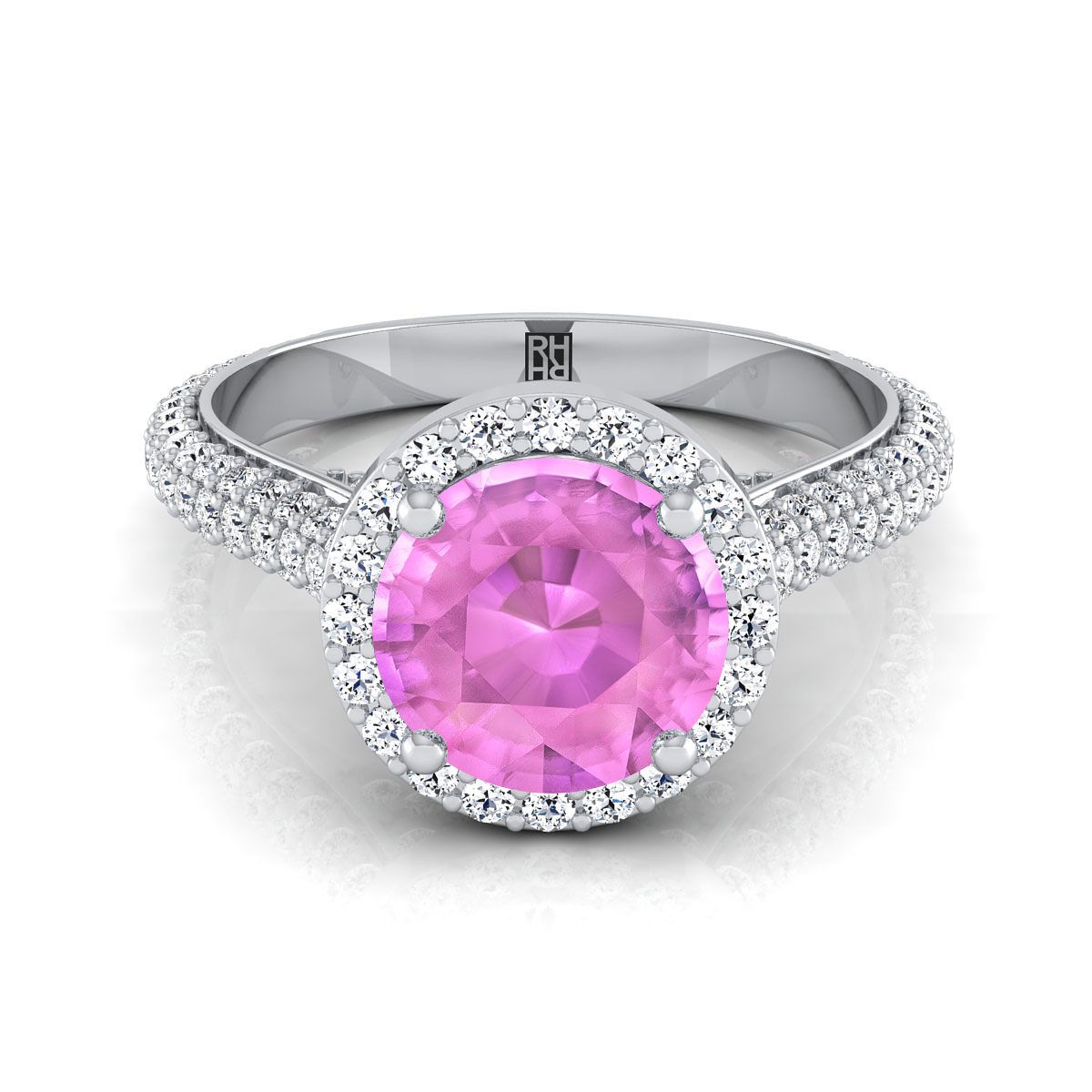 14K White Gold Round Brilliant Pink Sapphire Micro-Pavé Halo With Pave Side Diamond Engagement Ring -7/8ctw