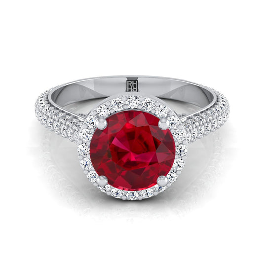 Platinum Round Brilliant Ruby Micro-Pavé Halo With Pave Side Diamond Engagement Ring -7/8ctw