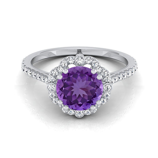 18K White Gold Round Brilliant Amethyst Ornate Diamond Halo Vintage Inspired Engagement Ring -1/4ctw