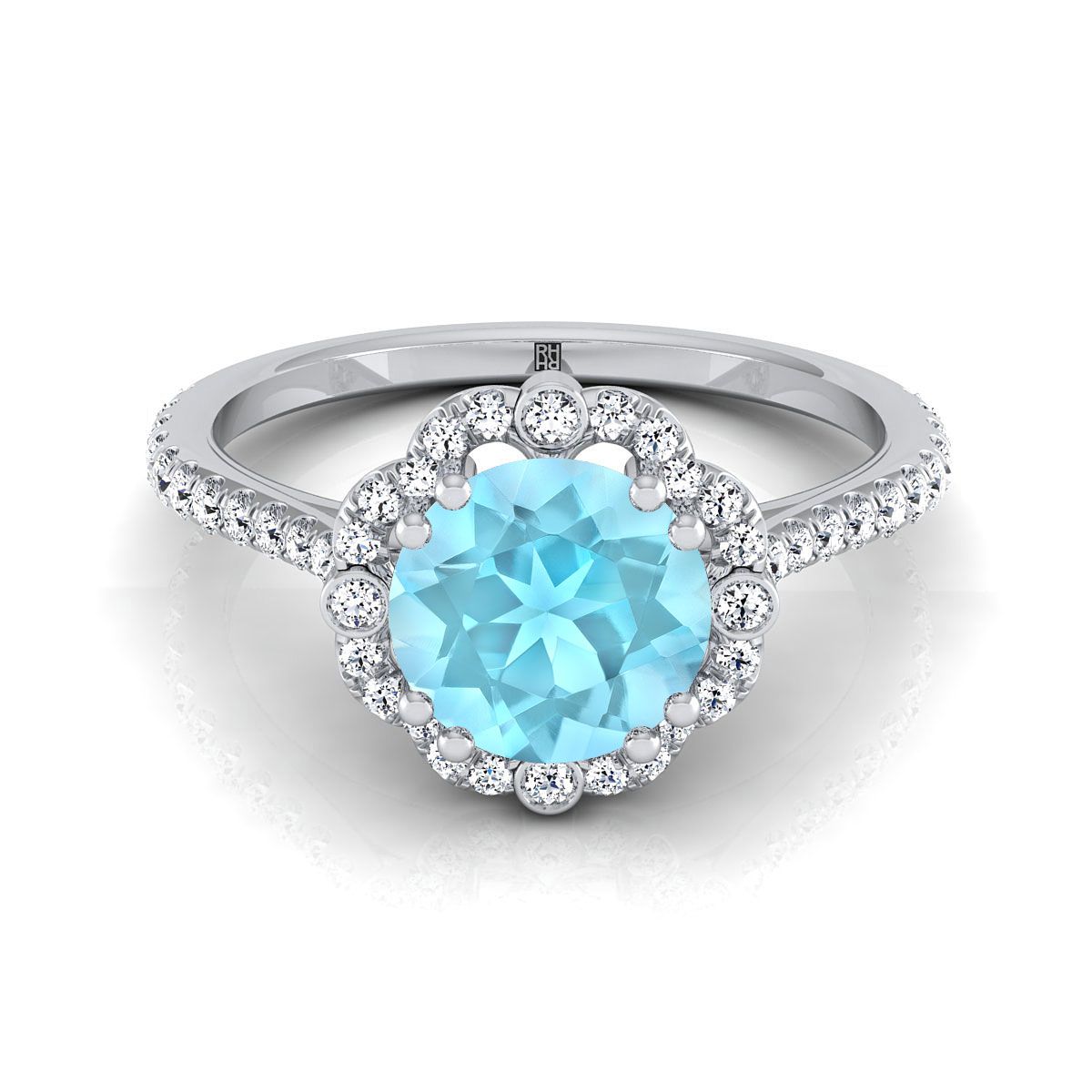 18K White Gold Round Brilliant Aquamarine Ornate Diamond Halo Vintage Inspired Engagement Ring -1/4ctw