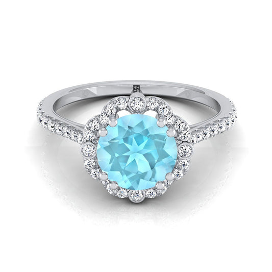 18K White Gold Round Brilliant Aquamarine Ornate Diamond Halo Vintage Inspired Engagement Ring -1/4ctw