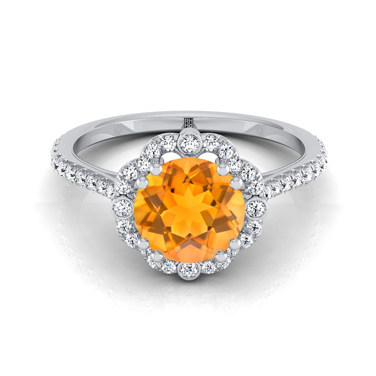 14K White Gold Round Brilliant Citrine Ornate Diamond Halo Vintage Inspired Engagement Ring -1/3ctw