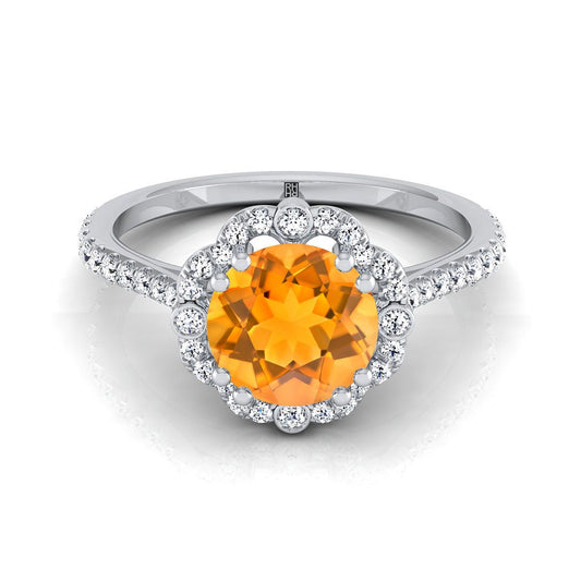 Platinum Round Brilliant Citrine Ornate Diamond Halo Vintage Inspired Engagement Ring -1/4ctw