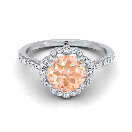 18K White Gold Round Brilliant Morganite Ornate Diamond Halo Vintage Inspired Engagement Ring -1/4ctw