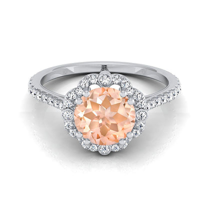 14K White Gold Round Brilliant Morganite Ornate Diamond Halo Vintage Inspired Engagement Ring -1/3ctw