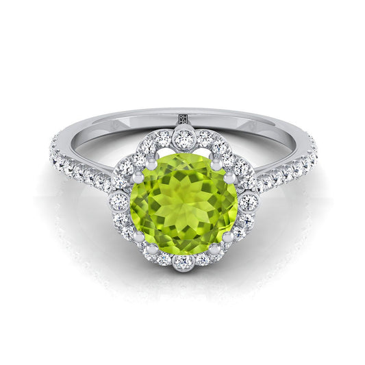 Platinum Round Brilliant Peridot Ornate Diamond Halo Vintage Inspired Engagement Ring -1/4ctw