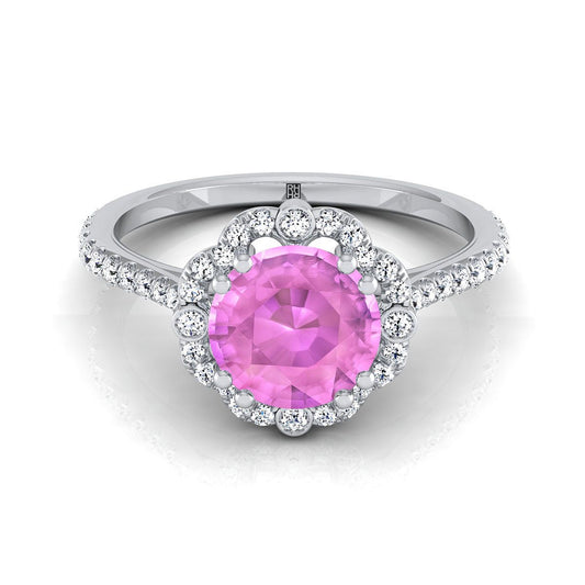 Platinum Round Brilliant Pink Sapphire Ornate Diamond Halo Vintage Inspired Engagement Ring -1/4ctw