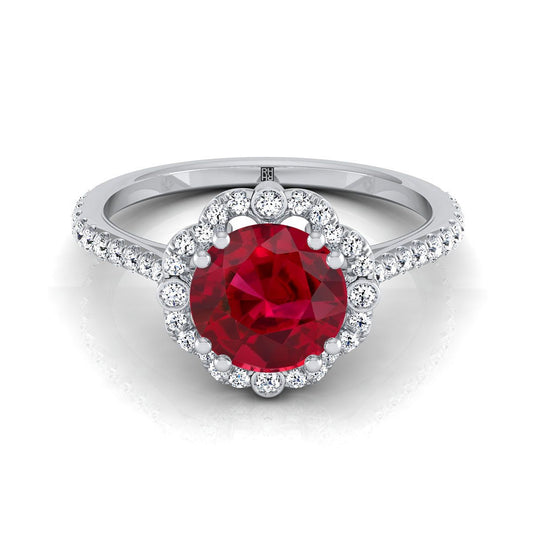 14K White Gold Round Brilliant Ruby Ornate Diamond Halo Vintage Inspired Engagement Ring -1/3ctw
