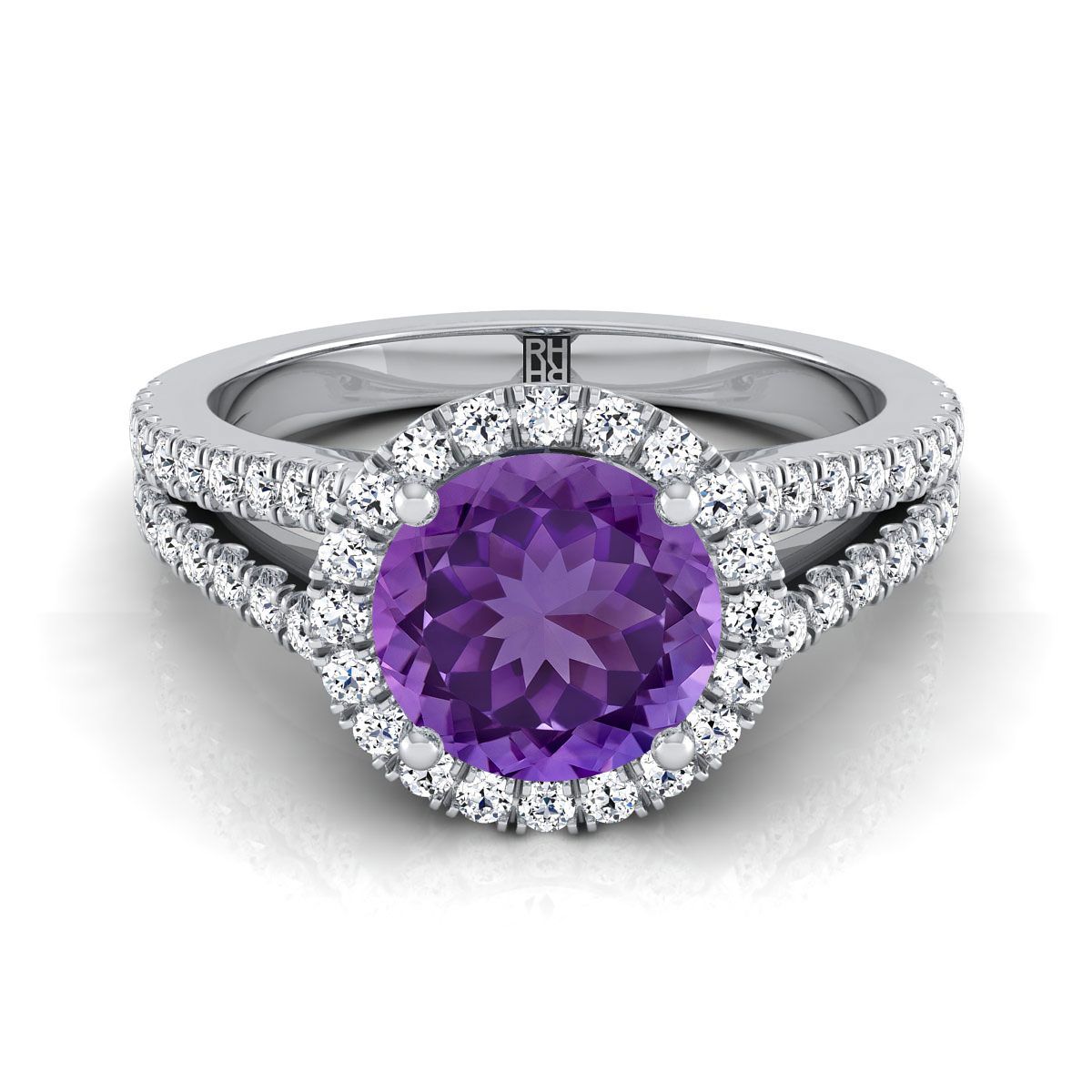 14K White Gold Round Brilliant Amethyst Halo Center with French Pave Split Shank Engagement Ring -3/8ctw