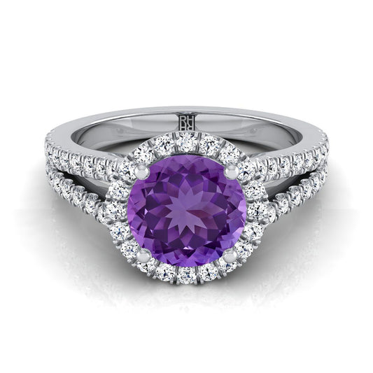 18K White Gold Round Brilliant Amethyst Halo Center with French Pave Split Shank Engagement Ring -3/8ctw