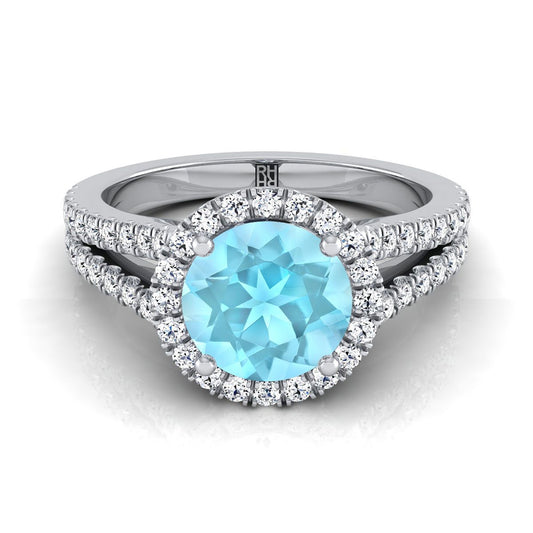 18K White Gold Round Brilliant Aquamarine Halo Center with French Pave Split Shank Engagement Ring -3/8ctw
