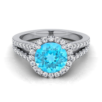 Platinum Round Brilliant Swiss Blue Topaz Halo Center with French Pave Split Shank Engagement Ring -3/8ctw