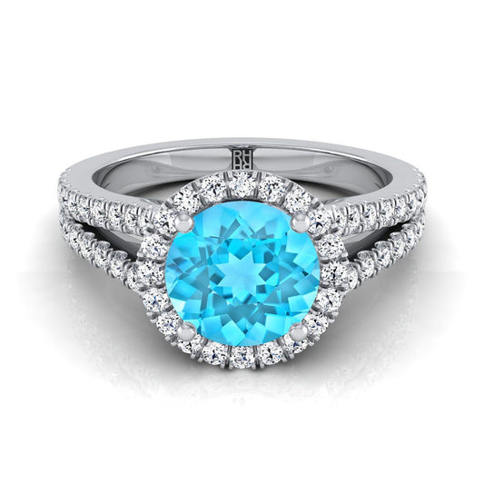 14K White Gold Round Brilliant Swiss Blue Topaz Halo Center with French Pave Split Shank Engagement Ring -3/8ctw