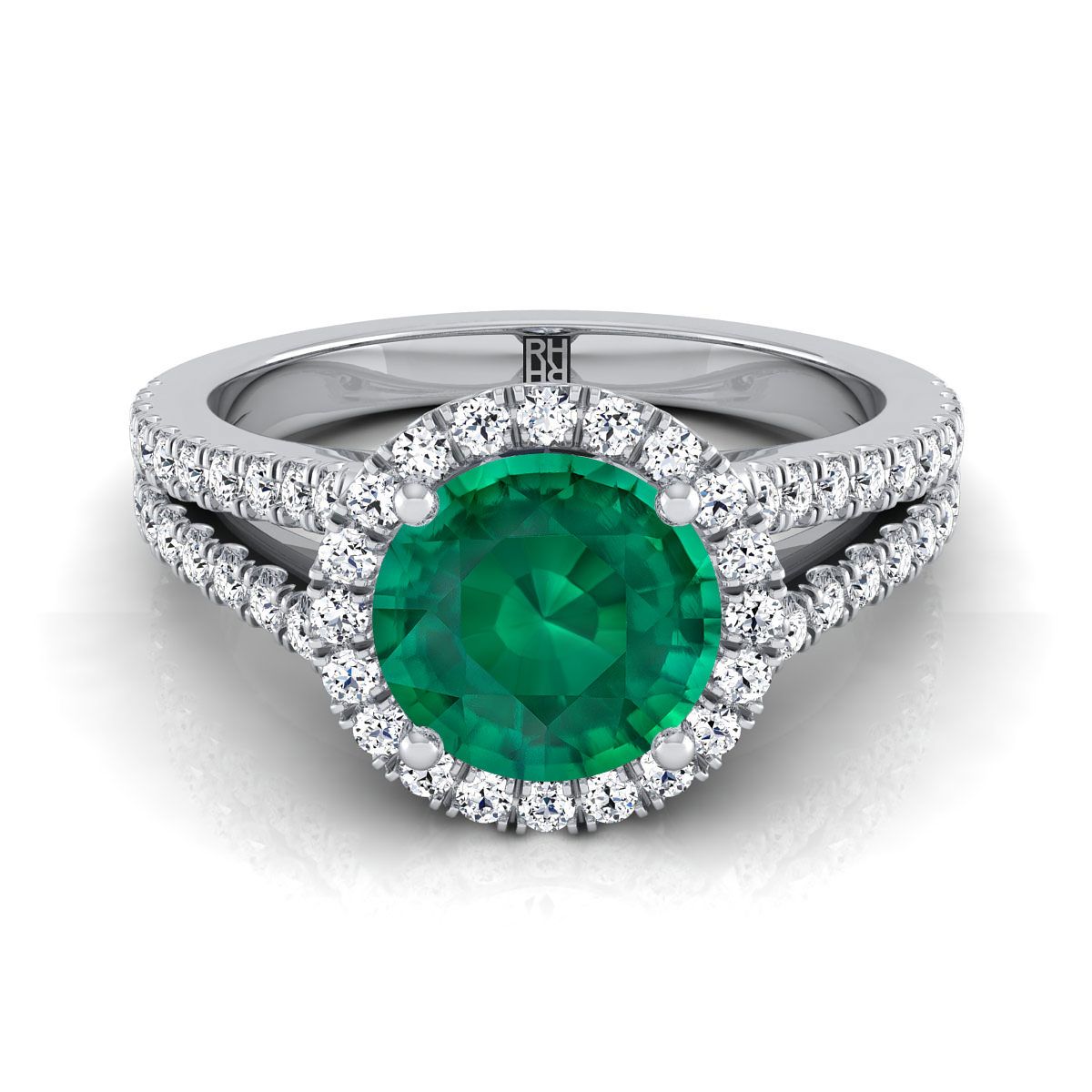 18K White Gold Round Brilliant Emerald Halo Center with French Pave Split Shank Engagement Ring -3/8ctw