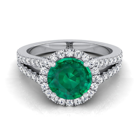 Platinum Round Brilliant Emerald Halo Center with French Pave Split Shank Engagement Ring -3/8ctw