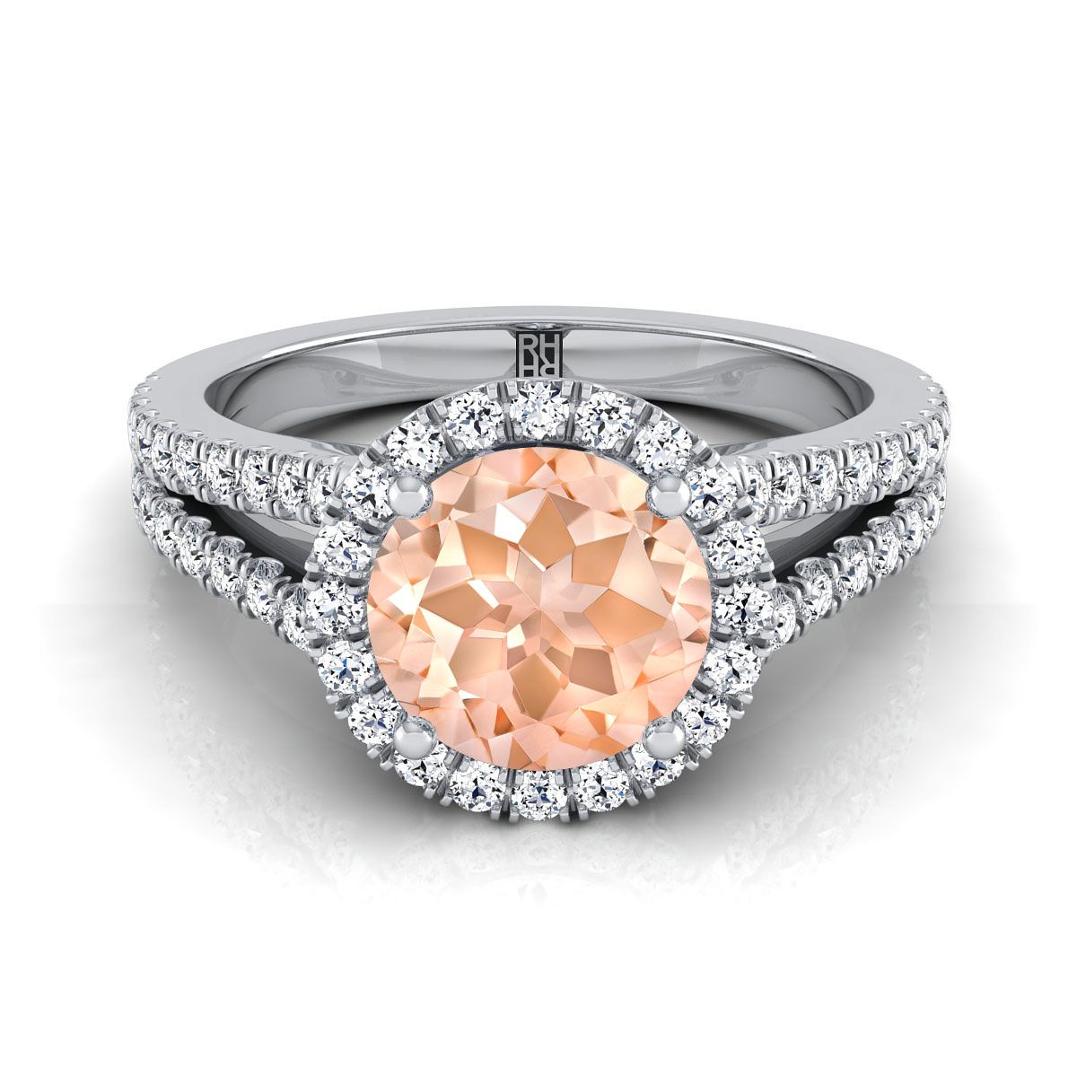 14K White Gold Round Brilliant Morganite Halo Center with French Pave Split Shank Engagement Ring -3/8ctw