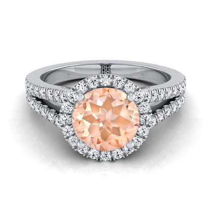 Platinum Round Brilliant Morganite Halo Center with French Pave Split Shank Engagement Ring -3/8ctw