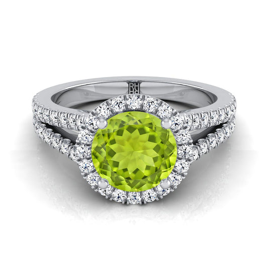 14K White Gold Round Brilliant Peridot Halo Center with French Pave Split Shank Engagement Ring -3/8ctw