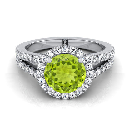 18K White Gold Round Brilliant Peridot Halo Center with French Pave Split Shank Engagement Ring -3/8ctw