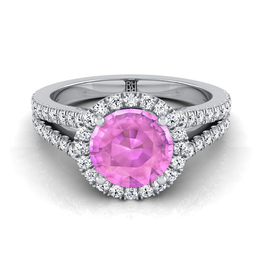 14K White Gold Round Brilliant Pink Sapphire Halo Center with French Pave Split Shank Engagement Ring -3/8ctw